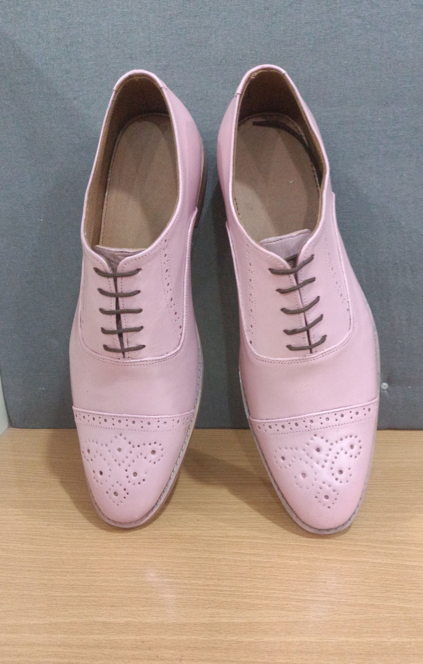 Handmade Baby Pink Color Genuine Leather Cap Toe Brogues Stylish Oxfords Dress Shoes For Men's