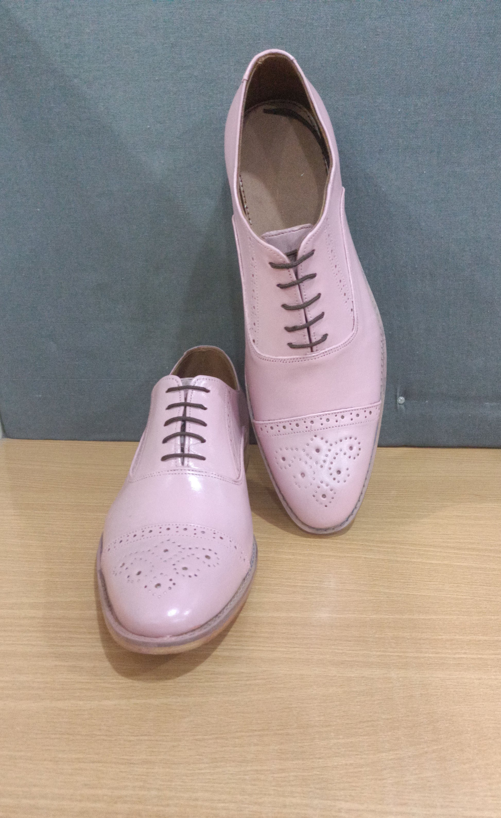 Handmade Baby Pink Color Genuine Leather Cap Toe Brogues Stylish Oxfords Dress Shoes For Men's