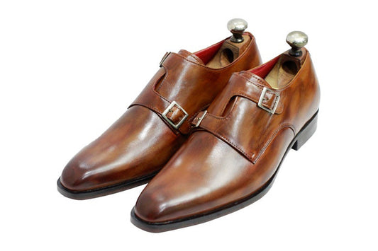 Handmade Tan Brown Color Leather Stylish Double Buckle Strap Shoes For Men's
