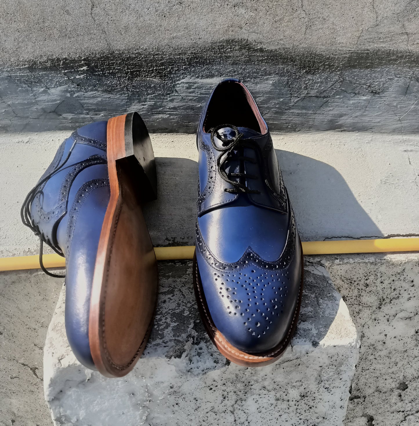 Handmade Dark Blue Color Genuine Leather Wing Tip Brogue's Stylish Oxfords Dress Shoes For Men's