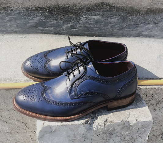 Handmade Dark Blue Color Genuine Leather Wing Tip Brogue's Stylish Oxfords Dress Shoes For Men's