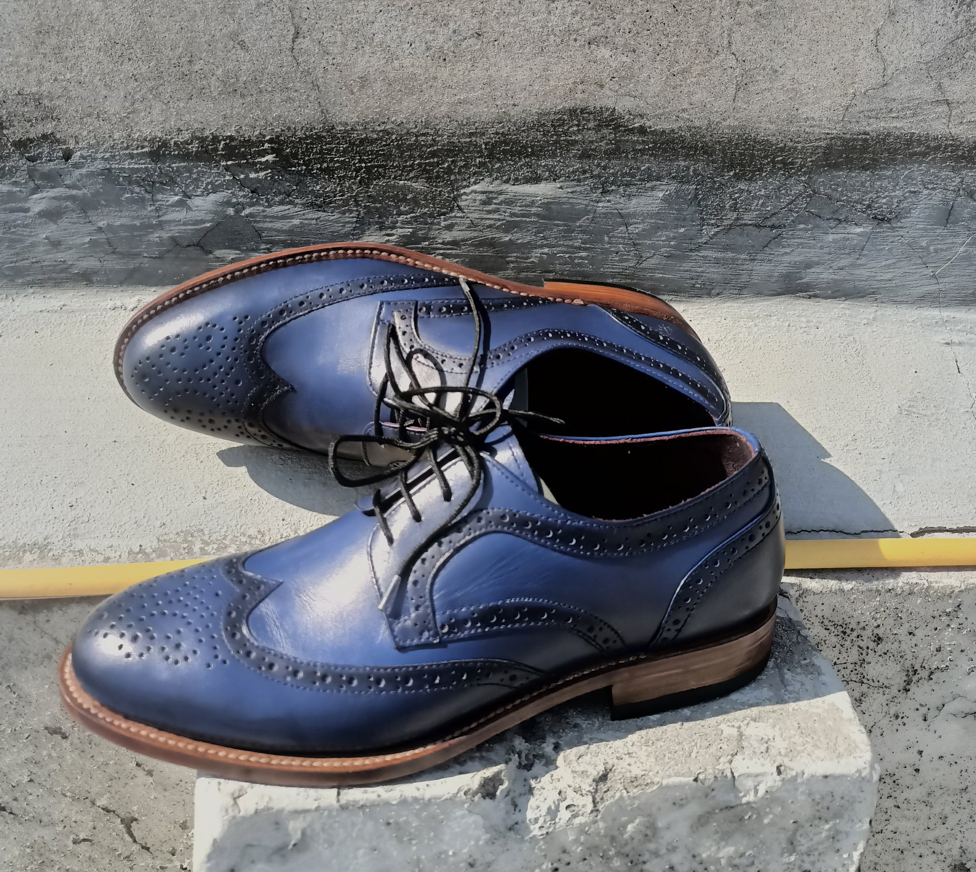 Handmade Dark Blue Color Genuine Leather Wing Tip Brogue's Stylish Oxfords Dress Shoes For Men's