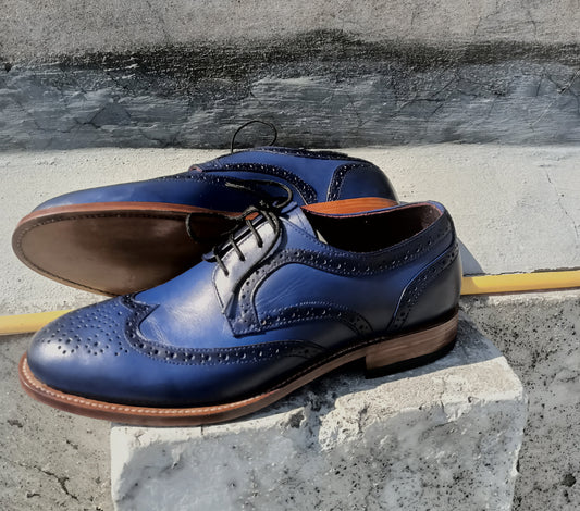 Handmade Dark Blue Color Genuine Leather Wing Tip Brogue's Stylish Oxfords Dress Shoes For Men's