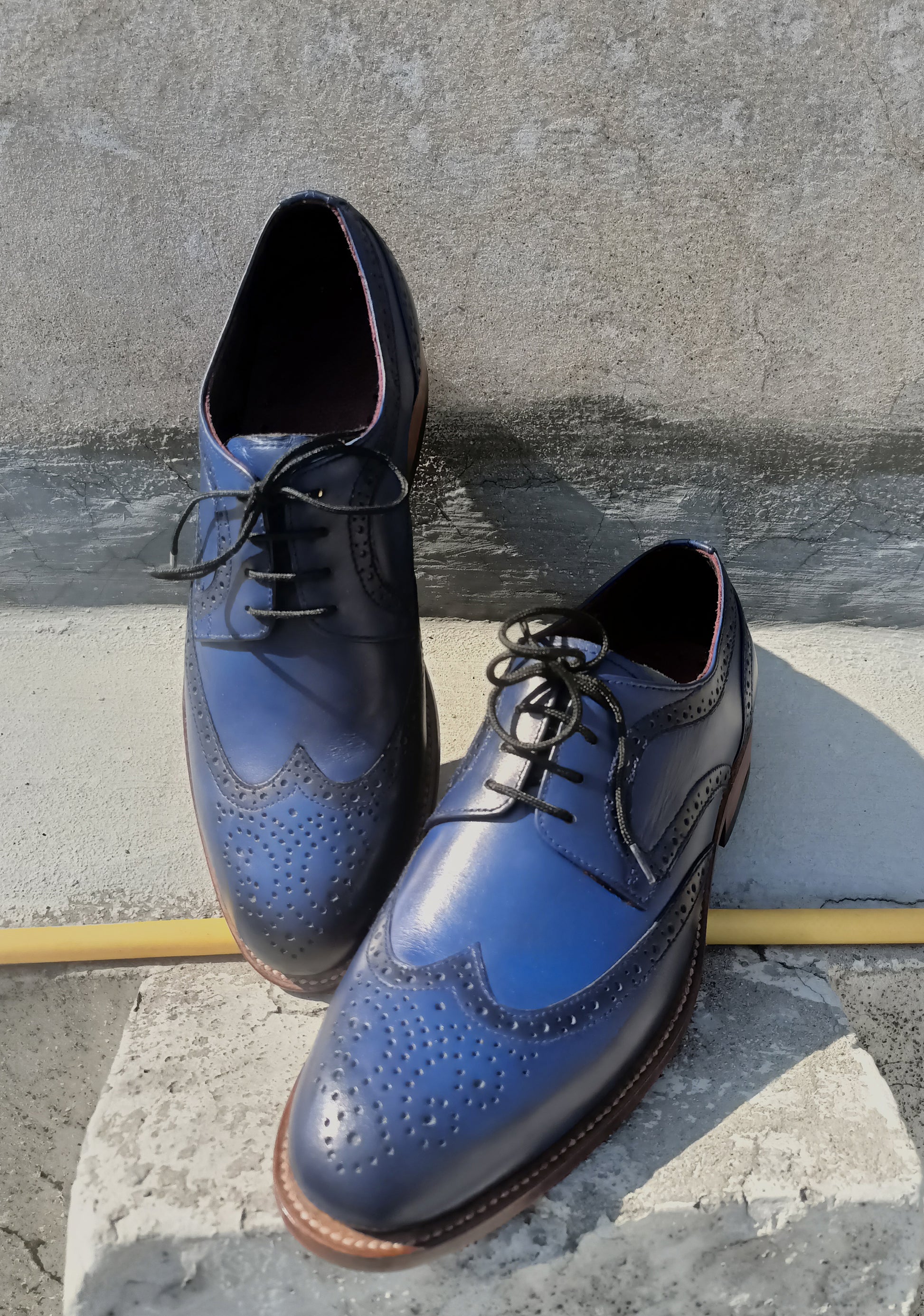 Handmade Dark Blue Color Genuine Leather Wing Tip Brogue's Stylish Oxfords Dress Shoes For Men's