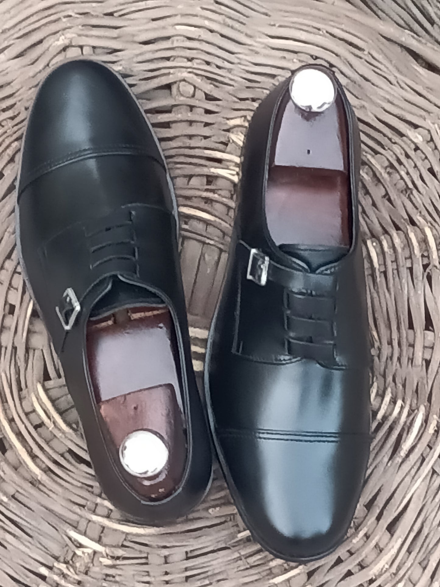 Handmade Black Color Genuine Leather Stylish Cap Toe Buckle Shoes For Men's
