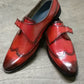 Handmade Red Color Genuine Leather Stylish Wing Tip Monk Strap Oxfords Shoes For Men's