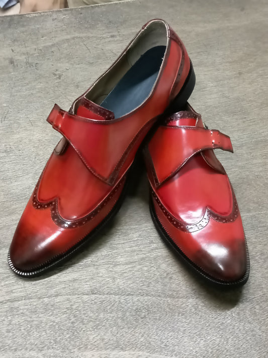 Handmade Red Color Genuine Leather Stylish Wing Tip Monk Strap Oxfords Shoes For Men's