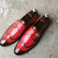 Handmade Red Color Genuine Leather Stylish Wing Tip Monk Strap Oxfords Shoes For Men's