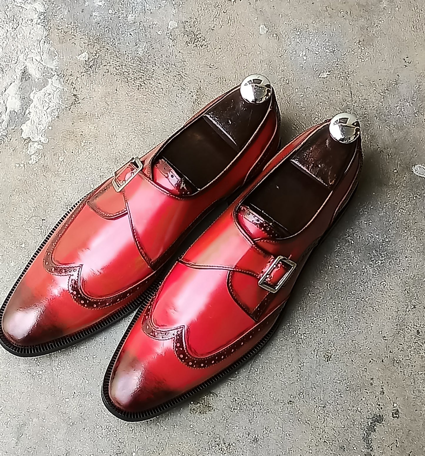 Handmade Red Color Genuine Leather Stylish Wing Tip Monk Strap Oxfords Shoes For Men's