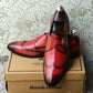 Handmade Red Color Genuine Leather Stylish Wing Tip Monk Strap Oxfords Shoes For Men's