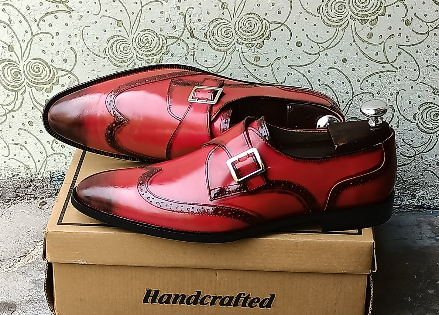 Handmade Red Color Genuine Leather Stylish Wing Tip Monk Strap Oxfords Shoes For Men's