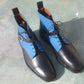 Handmade Black & Blue Color Genuine Calf Leather Ankle High Stylish Lace Up Strap Boots For Men's