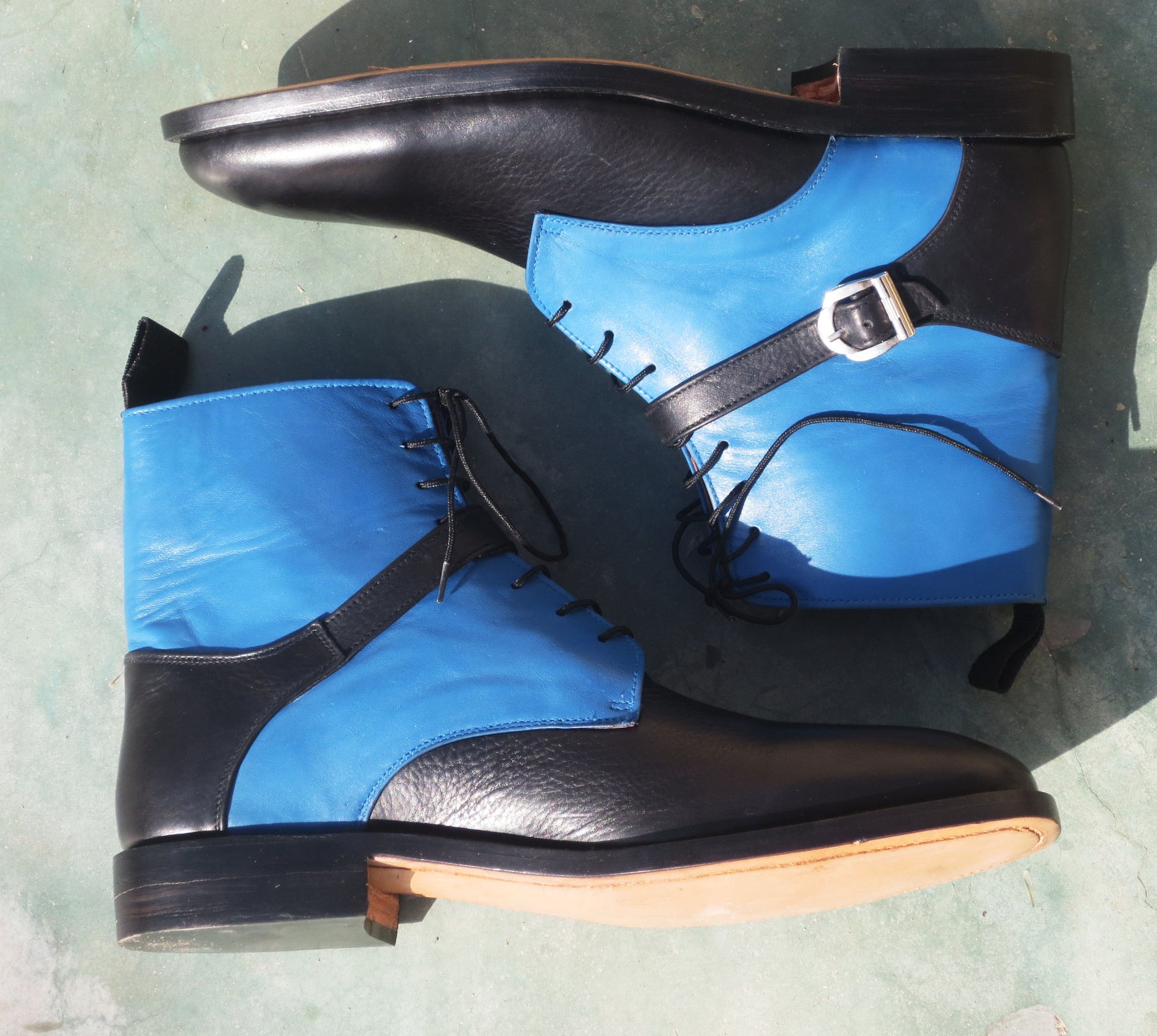 Handmade Black & Blue Color Genuine Calf Leather Ankle High Stylish Lace Up Strap Boots For Men's