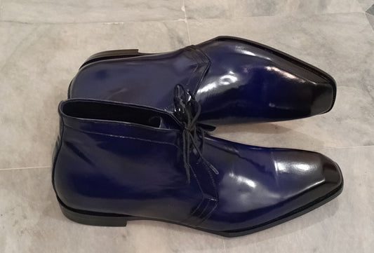 Handmade Navy Blue Color Genuine Patent Leather Stylish Chukka Lace Up  Boots For Men's