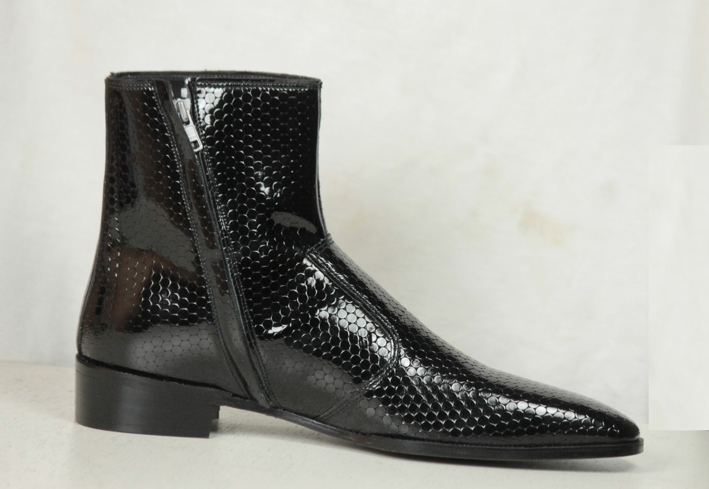 Handmade Black Color Genuine Fish textured Patent Leather Stylish Ankle Side Zipper Boots For Men's