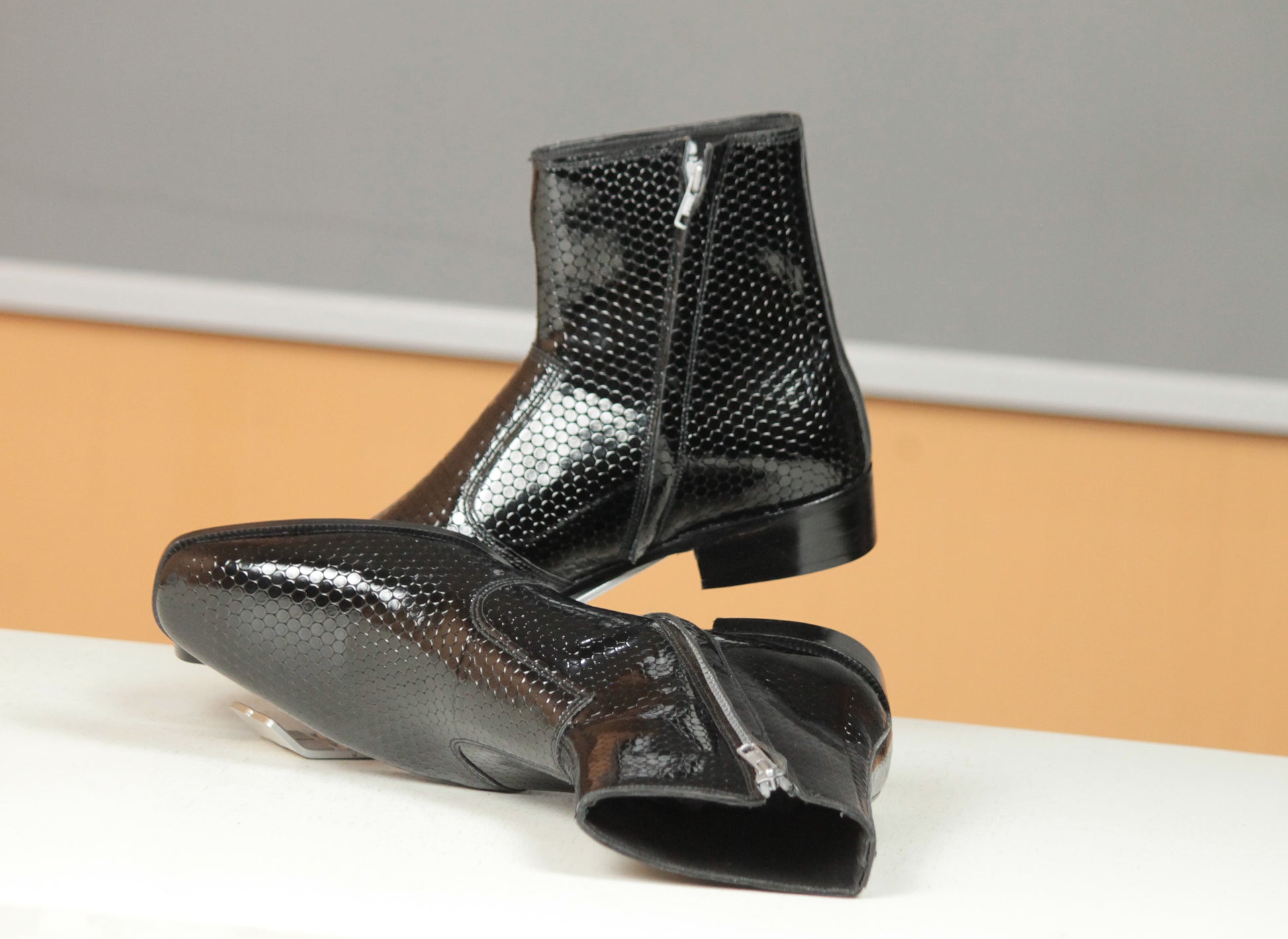 Handmade Black Color Genuine Fish textured Patent Leather Stylish Ankle Side Zipper Boots For Men's