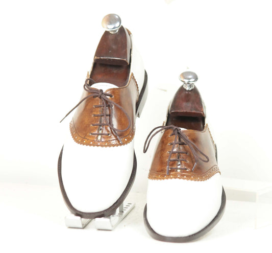 Handmade White & Brown Color Genuine Leather Stylish Derby Lace Up Shoes For Men's