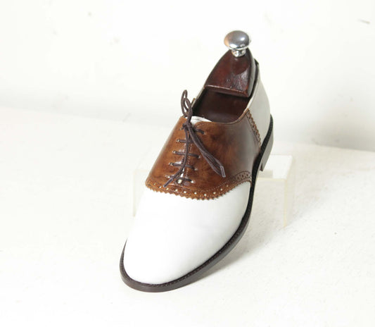 Handmade White & Brown Color Genuine Leather Stylish Derby Lace Up Shoes For Men's