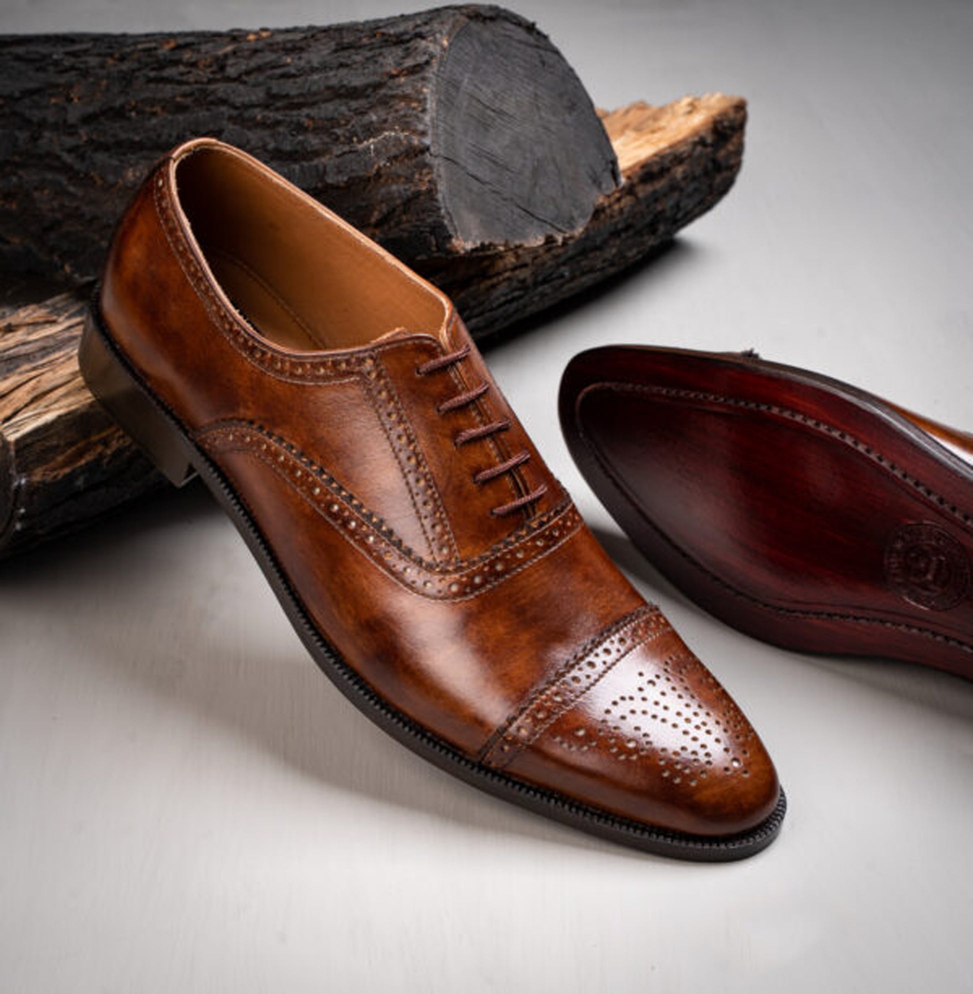 Handmade Brown Color Genuine Leather Cap Toe Brogue's Stylish Oxfords Dress Shoes For Men's