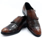 Handmade Chocolate Brown Color Genuine Alligator Textured Calf Leather Stylish Double Monk Strap Dress Shoes For Men's