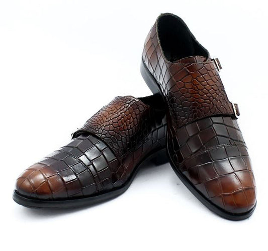 Handmade Chocolate Brown Color Genuine Alligator Textured Calf Leather Stylish Double Monk Strap Dress Shoes For Men's