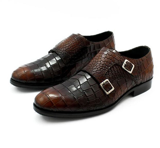 Handmade Chocolate Brown Color Genuine Alligator Textured Calf Leather Stylish Double Monk Strap Dress Shoes For Men's