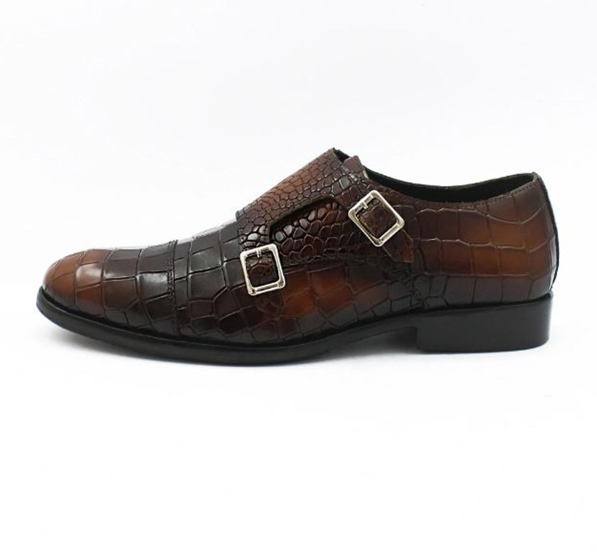 Handmade Chocolate Brown Color Genuine Alligator Textured Calf Leather Stylish Double Monk Strap Dress Shoes For Men's