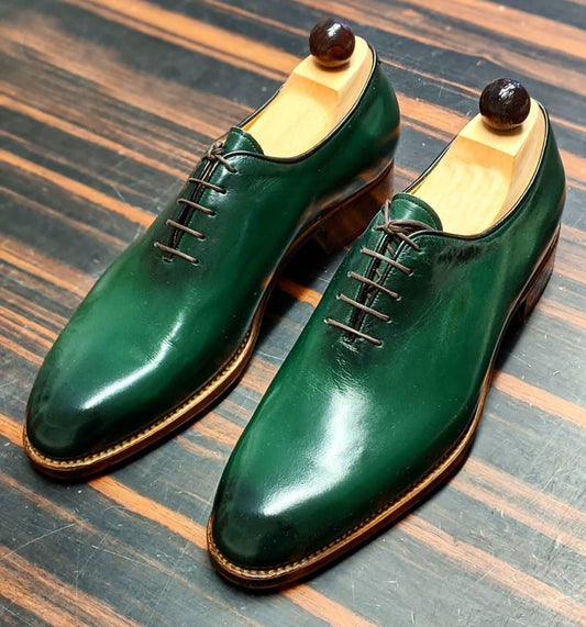 Handmade Green Color Original Calf Leather Whole Cut Stylish Oxfords Lace Up Dress Shoes For Men's