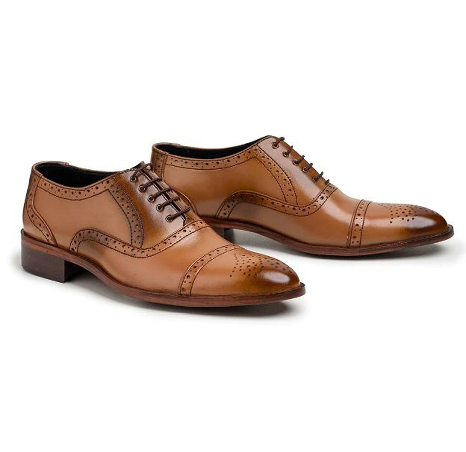 Handmade Tan Color Genuine Leather Brogue's  Cap Toe Lace Up Stylish Oxfords Dress Shoes For Men's