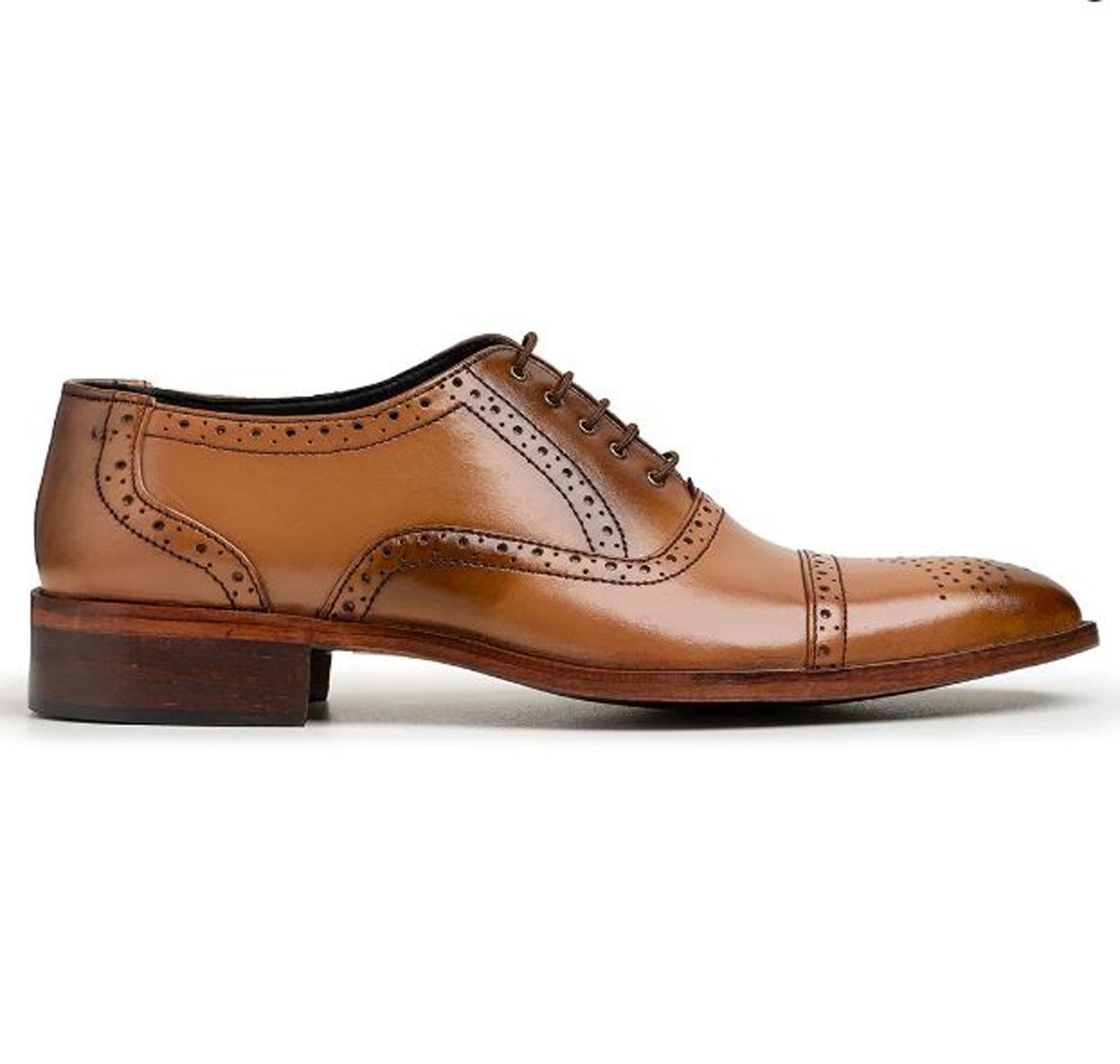 Handmade Tan Color Genuine Leather Brogue's  Cap Toe Lace Up Stylish Oxfords Dress Shoes For Men's