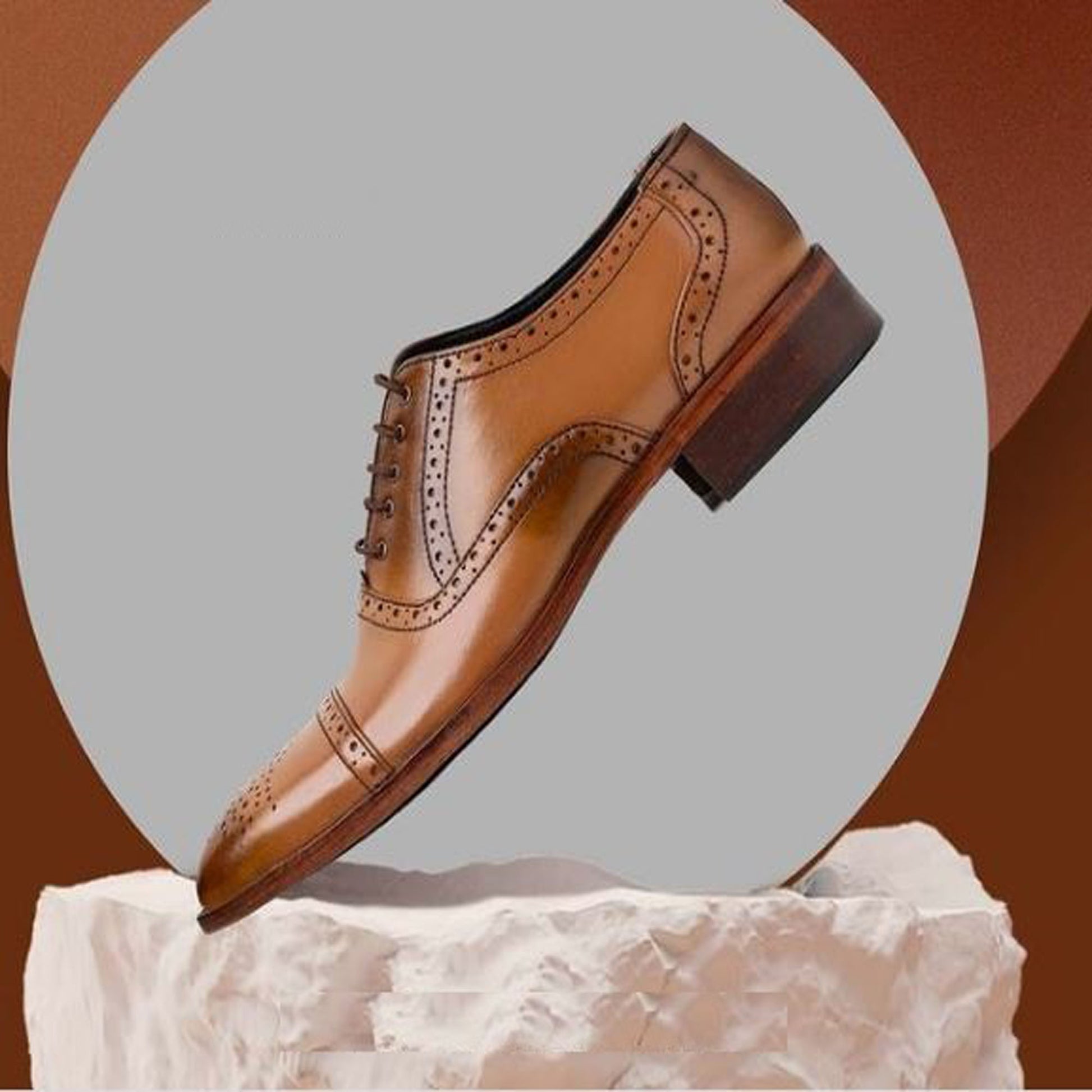 Handmade Tan Color Genuine Leather Brogue's  Cap Toe Lace Up Stylish Oxfords Dress Shoes For Men's