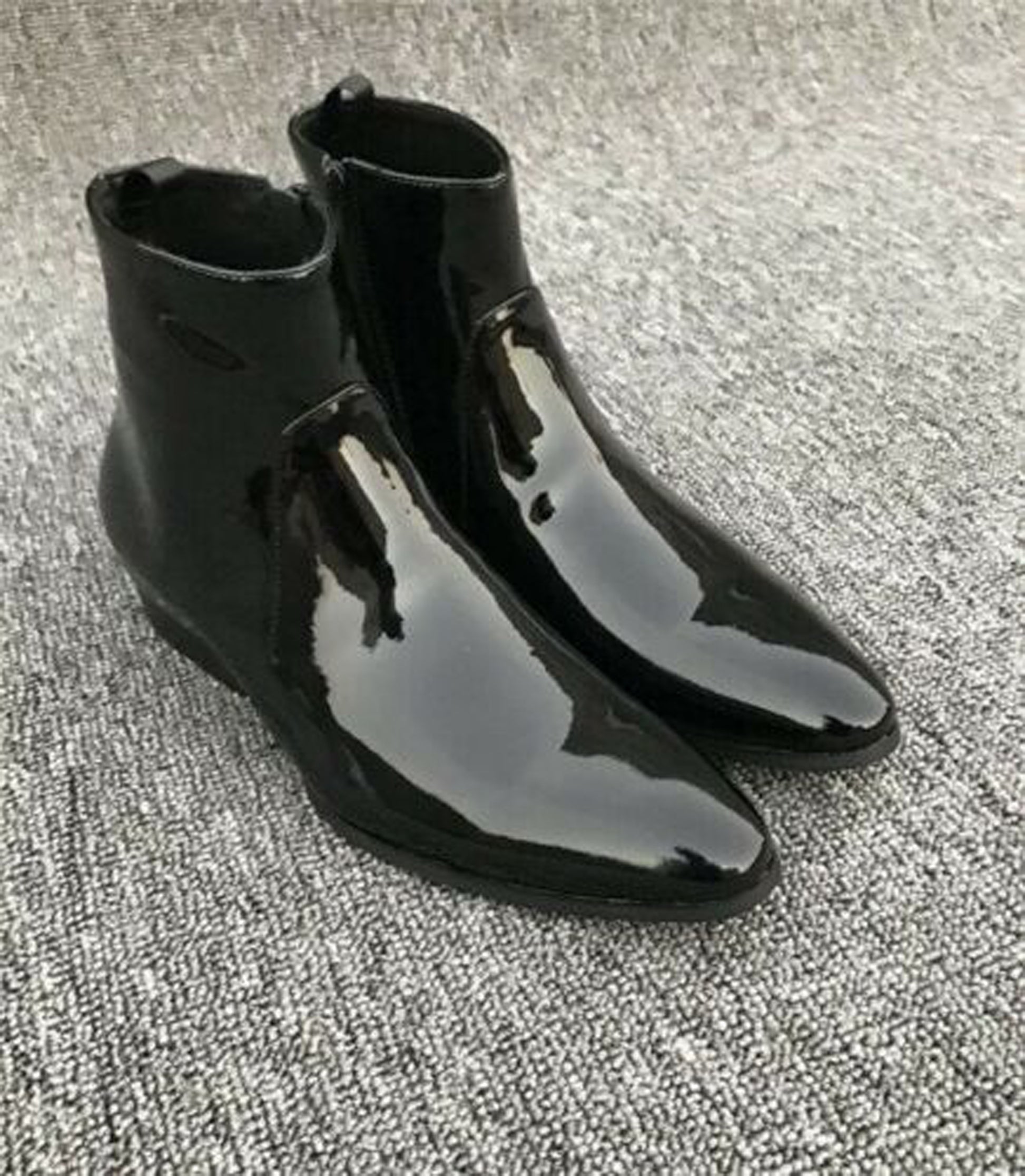 Handmade Black Shiny Genuine Patent Leather High Ankle Stylish Side Zipper Boots For Men's