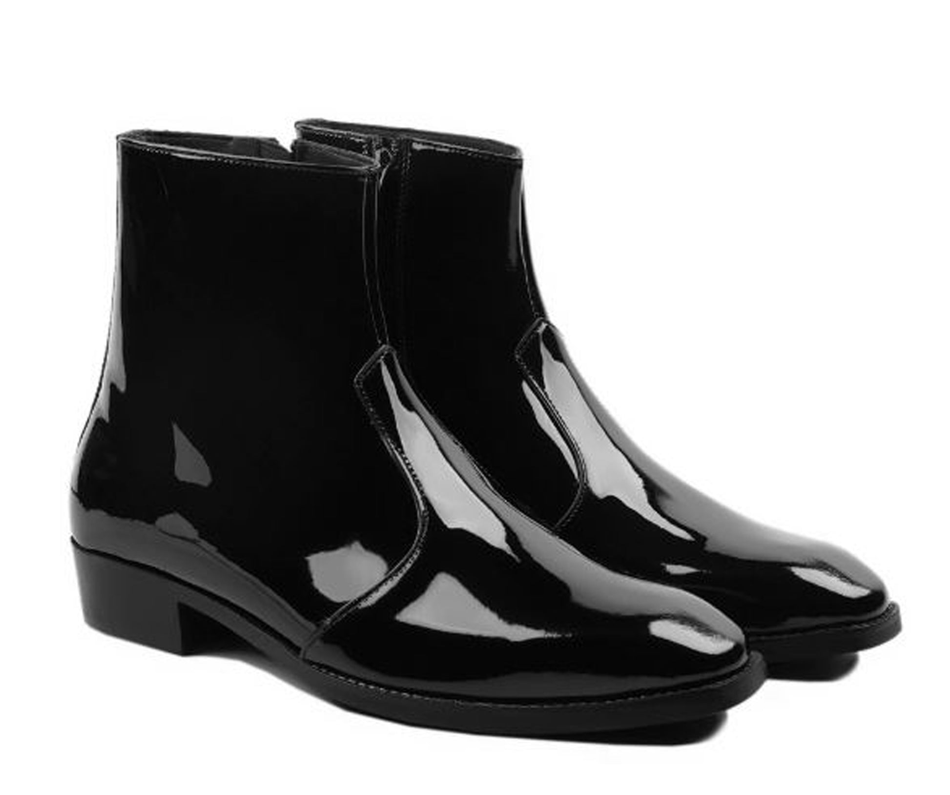 Handmade Black Shiny Genuine Patent Leather High Ankle Stylish Side Zipper Boots For Men's
