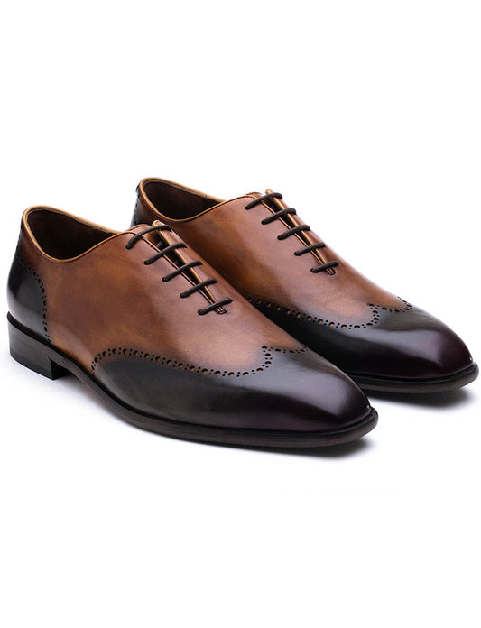 Handmade Black & Tan Brown Color Original Calf Leather Wing Tip Stylish Whole Cut Oxfords Dress Shoes For Men's