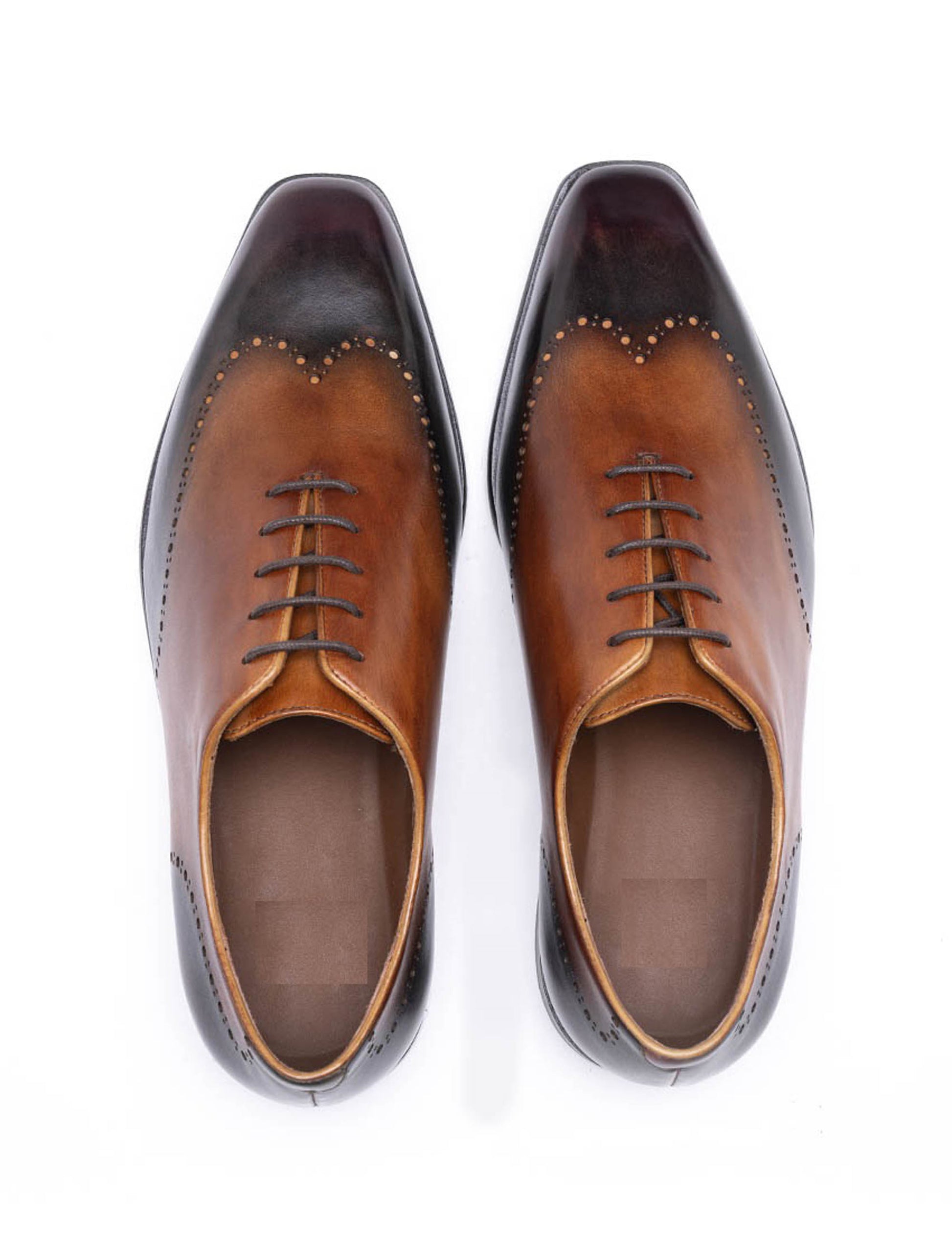 Handmade Black & Tan Brown Color Original Calf Leather Wing Tip Stylish Whole Cut Oxfords Dress Shoes For Men's