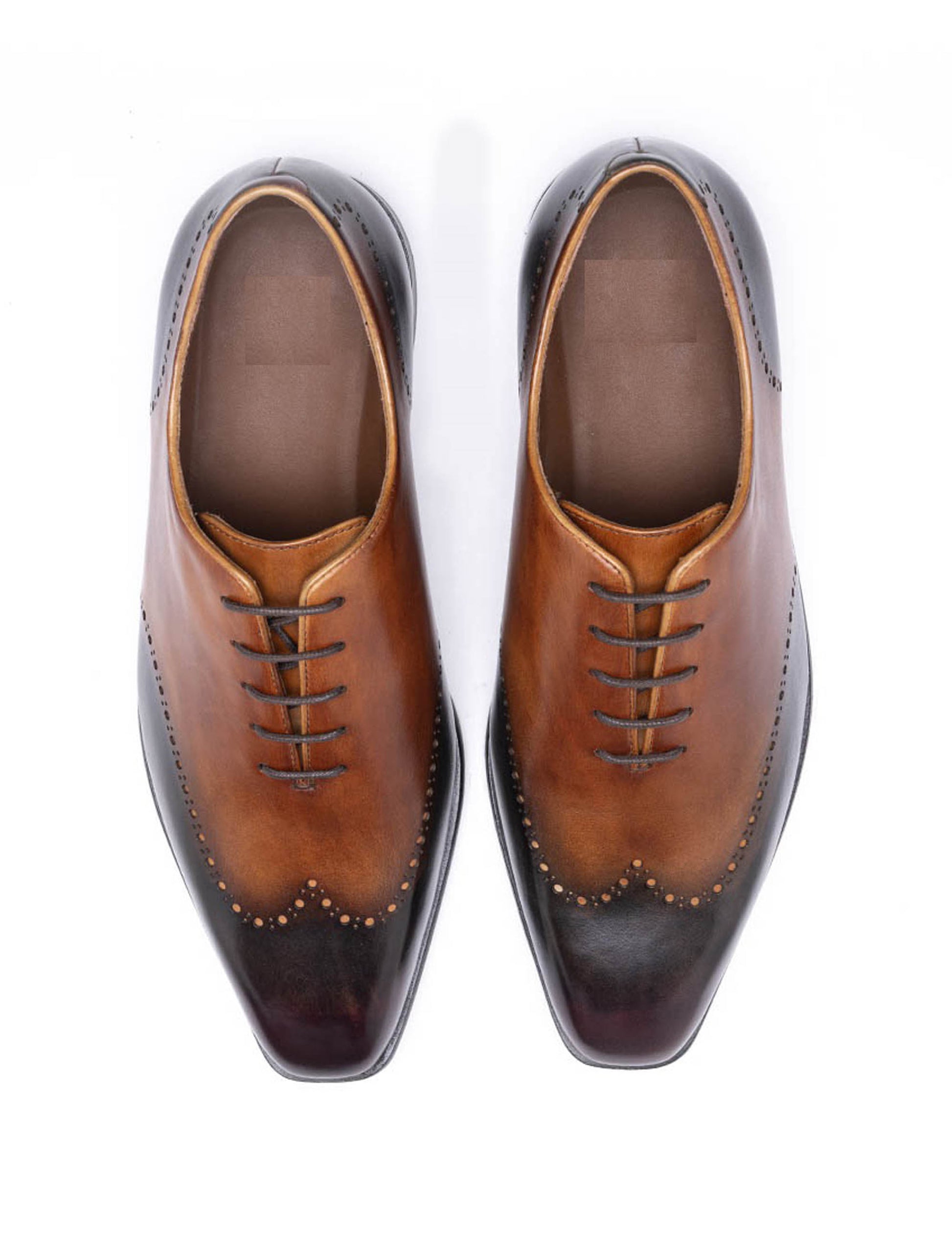Handmade Black & Tan Brown Color Original Calf Leather Wing Tip Stylish Whole Cut Oxfords Dress Shoes For Men's