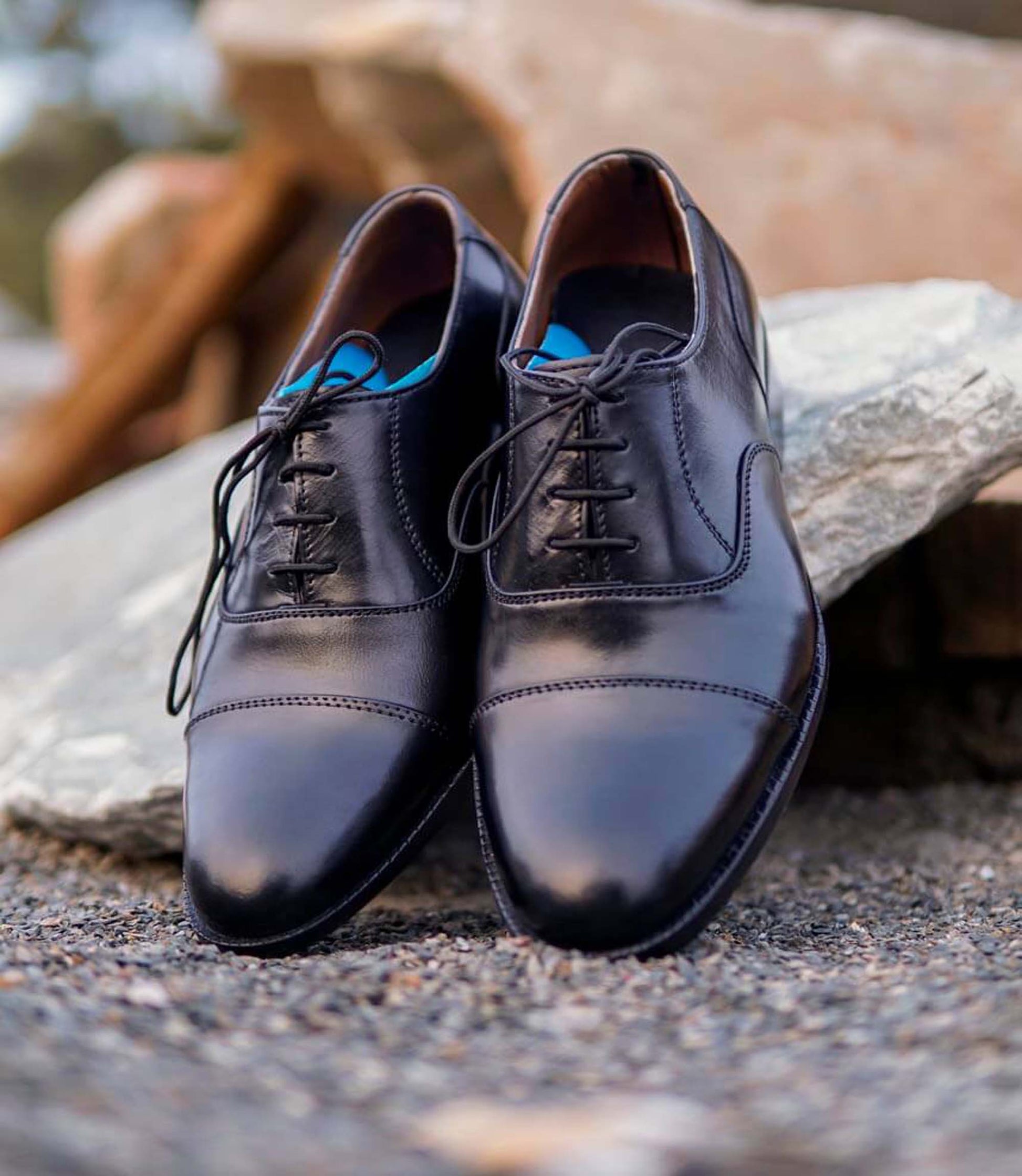 Handmade Black Color Original Calf Leather Stylish Cap Toe Lace Up Shoes For Men's