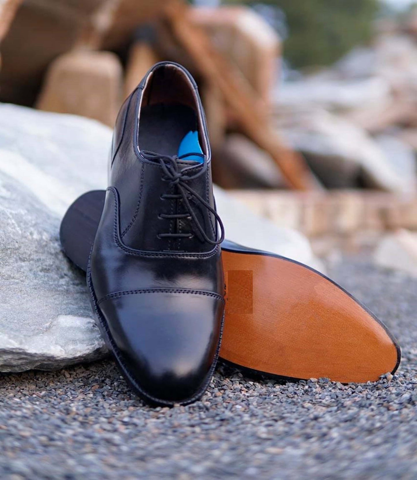 Handmade Black Color Original Calf Leather Stylish Cap Toe Lace Up Shoes For Men's