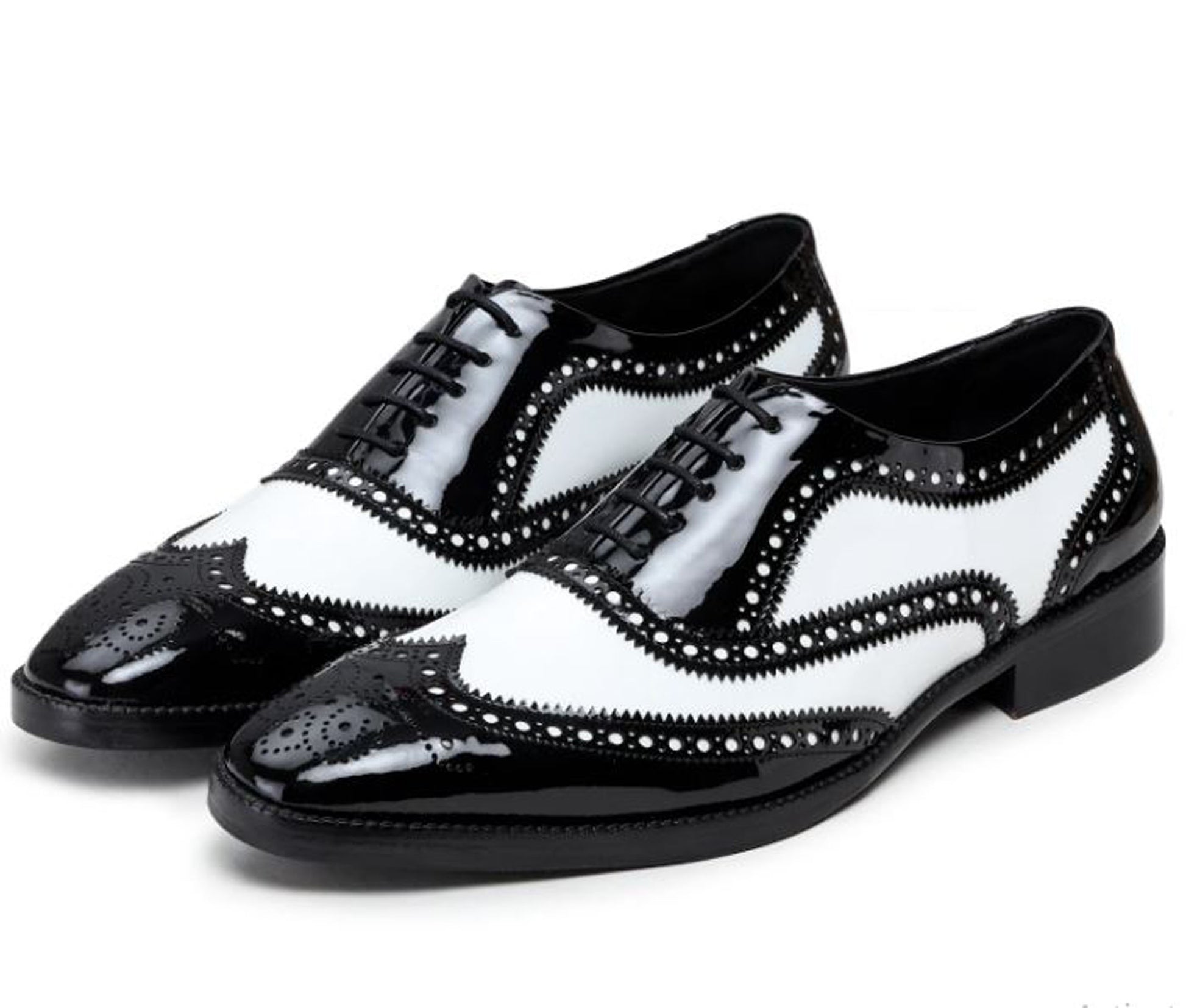 Handmade Black & White Color Patent Leather Wing Tip Brogues Stylish Oxfords Dress Shoes For Men's