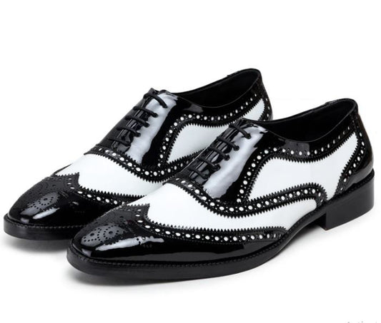 Handmade Black & Black Color Patent Leather Wing Tip Brogues Stylish Oxfords Dress Shoes For Men's