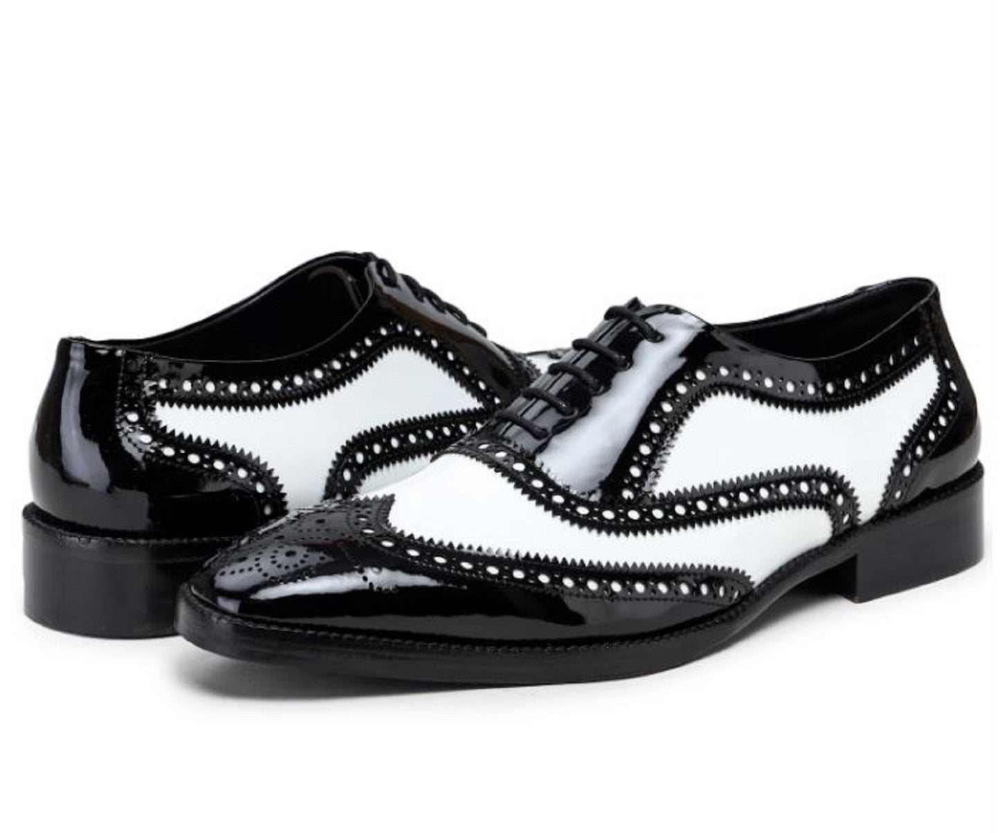 Handmade Black & White Color Patent Leather Wing Tip Brogues Stylish Oxfords Dress Shoes For Men's