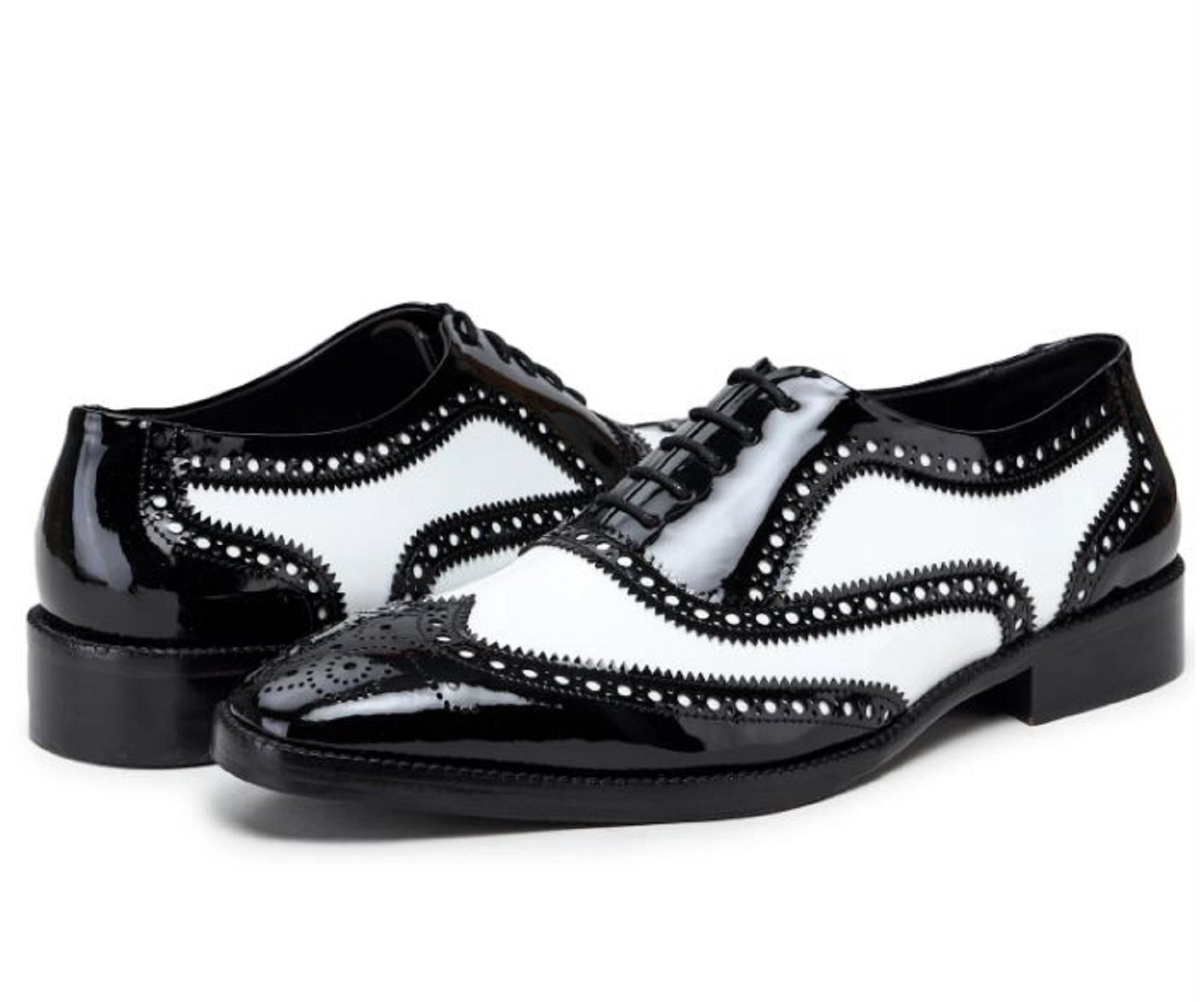 Handmade Black & White Color Patent Leather Wing Tip Brogues Stylish Oxfords Dress Shoes For Men's
