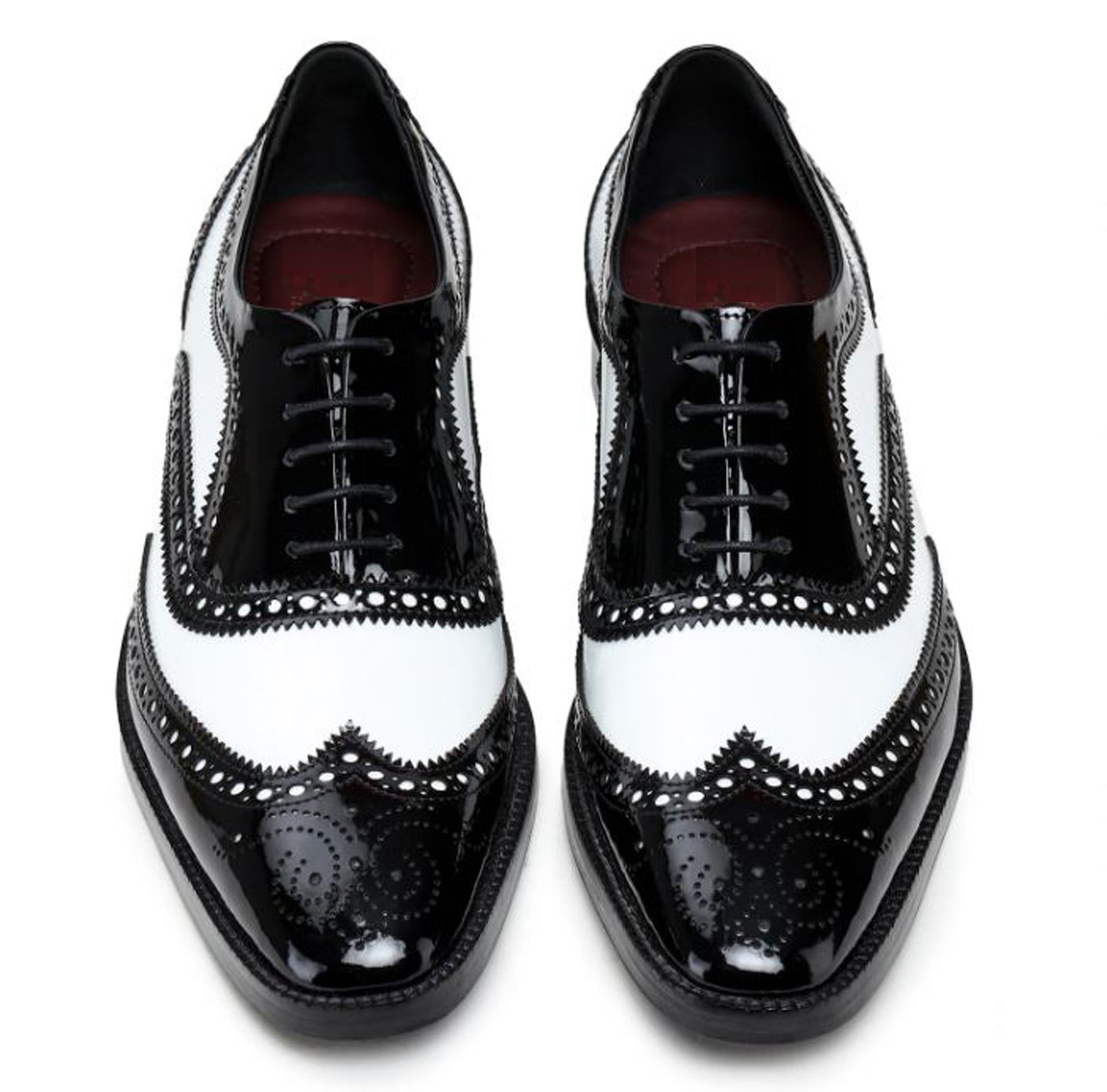 Handmade Black & White Color Patent Leather Wing Tip Brogues Stylish Oxfords Dress Shoes For Men's