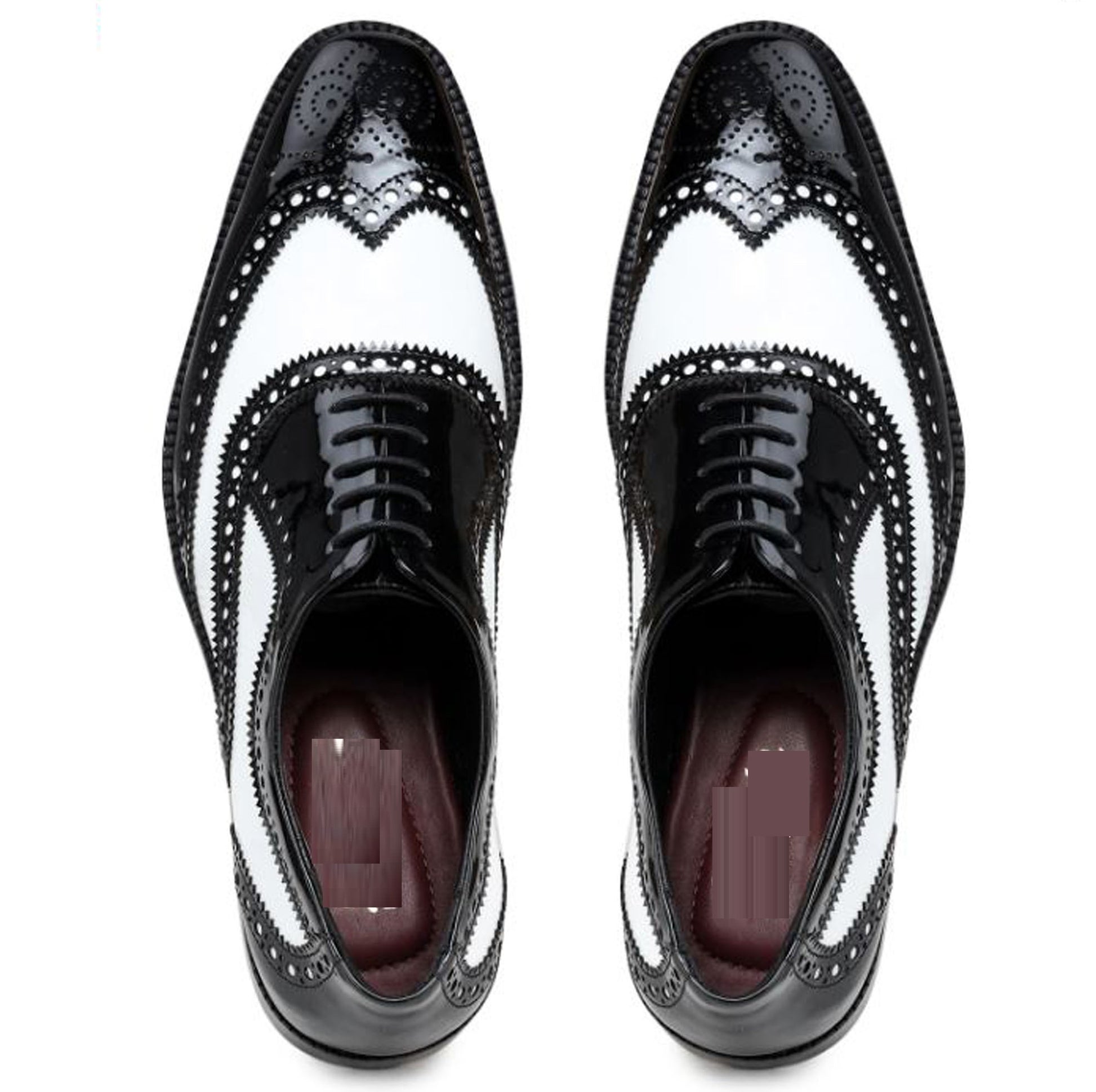 Handmade Black & White Color Patent Leather Wing Tip Brogues Stylish Oxfords Dress Shoes For Men's