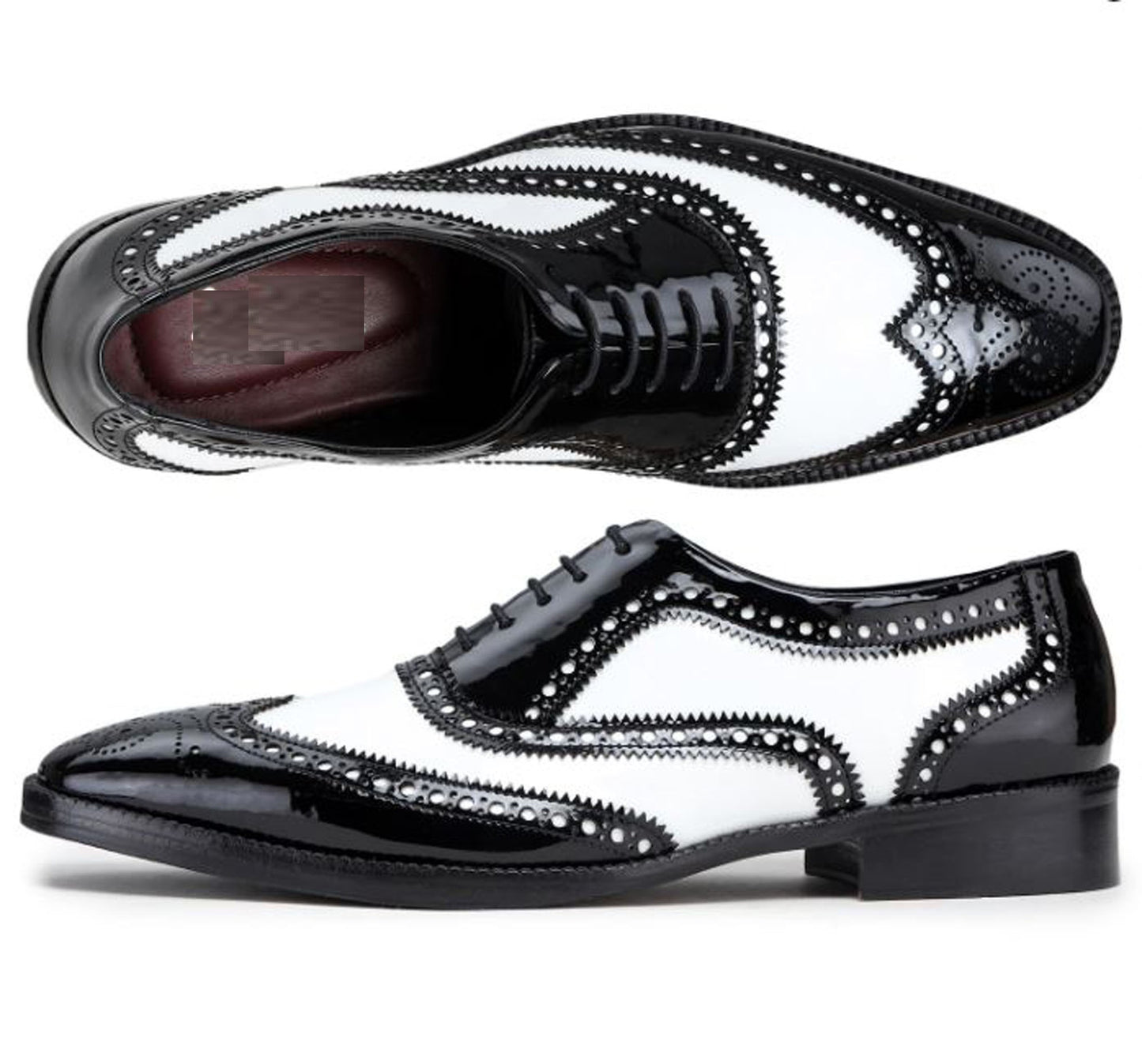 Handmade Black & White Color Patent Leather Wing Tip Brogues Stylish Oxfords Dress Shoes For Men's