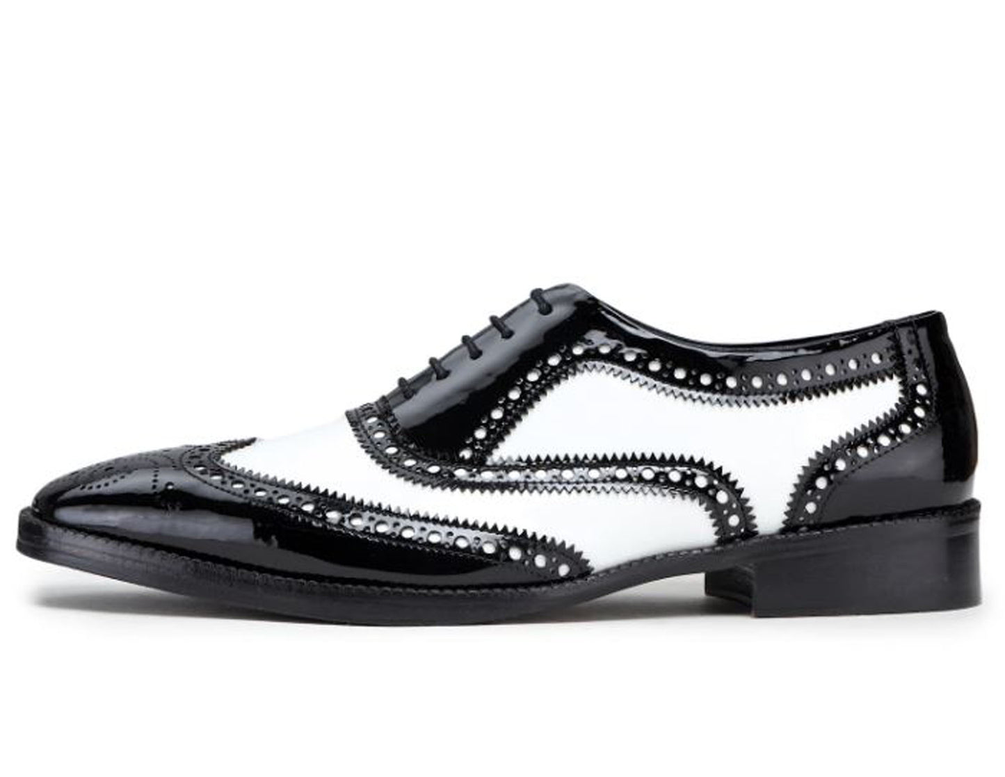 Handmade Black & White Color Patent Leather Wing Tip Brogues Stylish Oxfords Dress Shoes For Men's