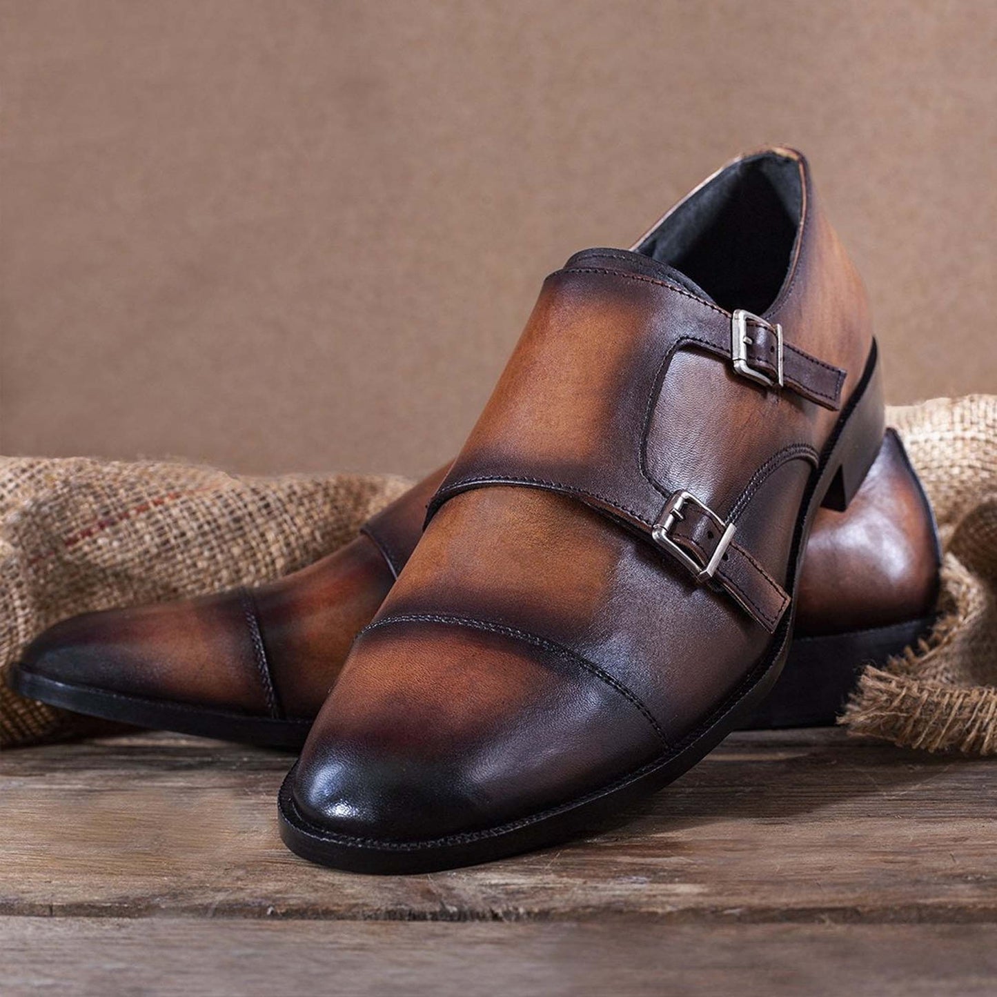 Handmade Brown Color Two Tone Genuine Calf Leather Stylish Double Monk Strap Dress Shoes For Men's