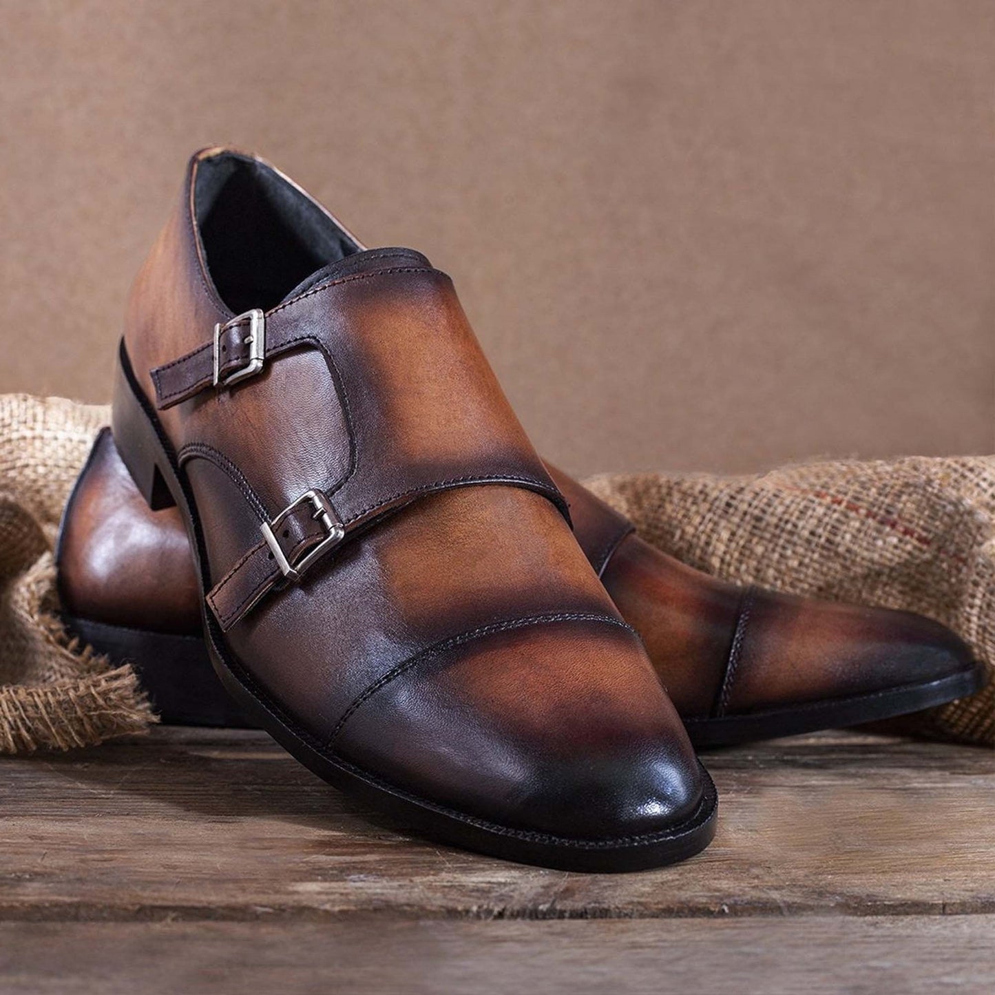 Handmade Brown Color Two Tone Genuine Calf Leather Stylish Double Monk Strap Dress Shoes For Men's