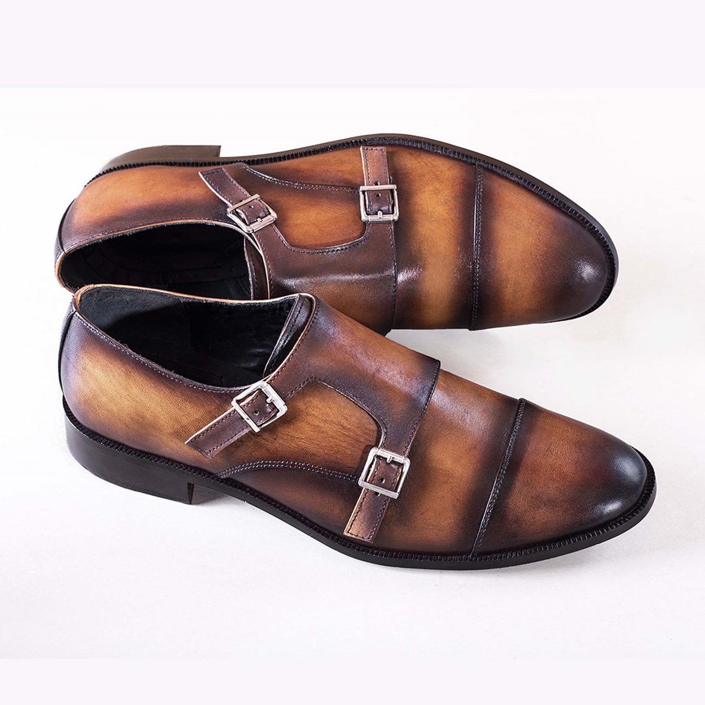 Handmade Brown Color Two Tone Genuine Calf Leather Stylish Double Monk Strap Dress Shoes For Men's