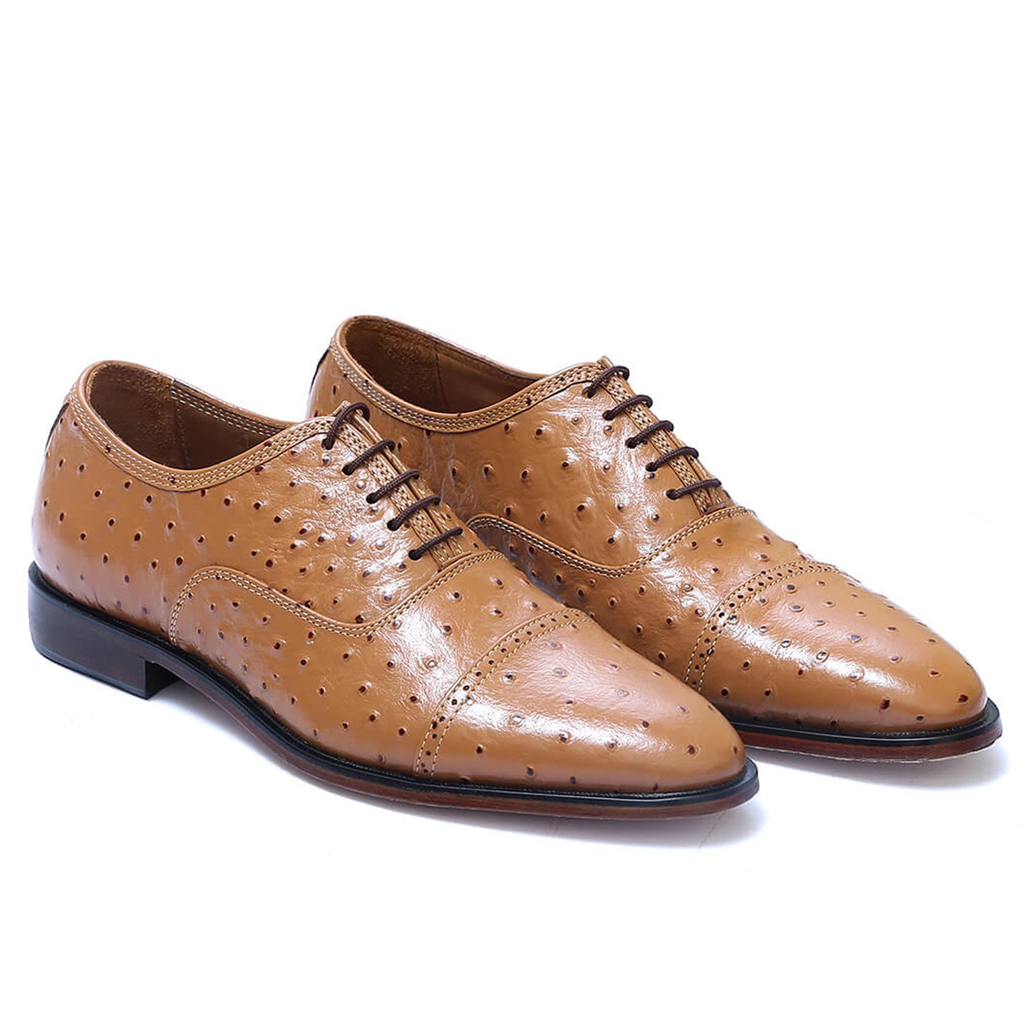 Handmade Tan Color Original Leather Ostrich Skin  Stylish Cap Toe Lace Up Shoes For Men's